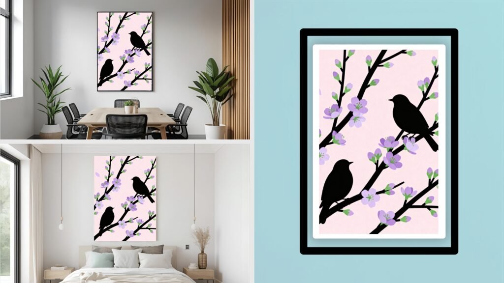 Stylized Bird Silhouettes on Blossoming Branches
